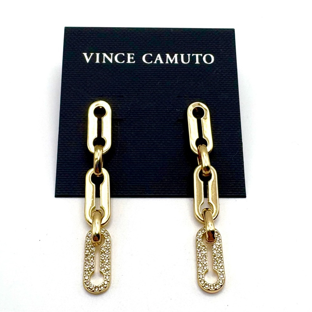 New Vince Camuto Gold Tone Interlocking Link Paper Clip Pave Earrings